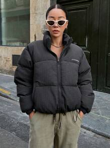 DAZY Áo khoác dày có khóa kéo họa tiết chữ, túi dày, áo khoác mùa đông cho nữ - Màu xám đen - Xem 6