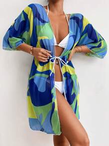 滿版印花腰部抽繩和服罩衫