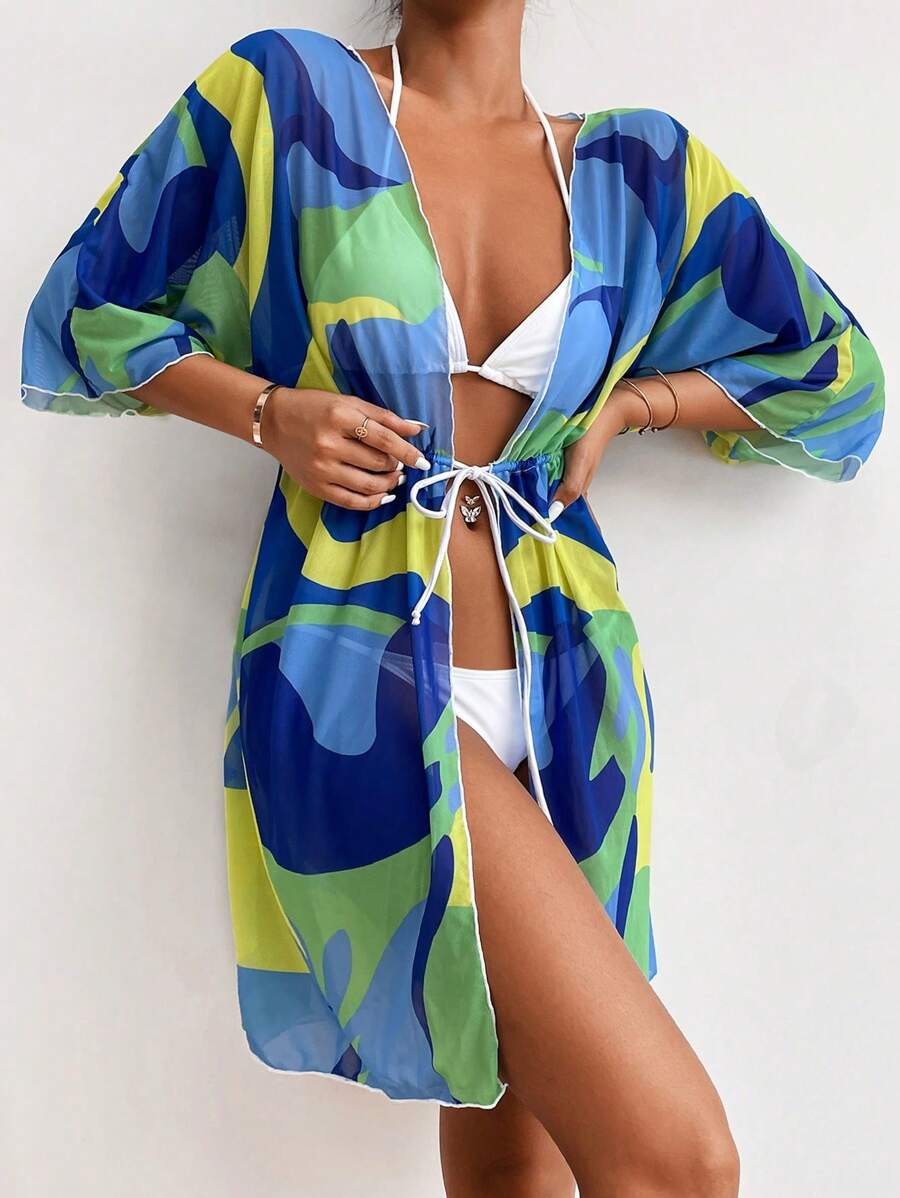 滿版印花腰部抽繩和服罩衫