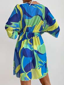 滿版印花腰部抽繩和服罩衫