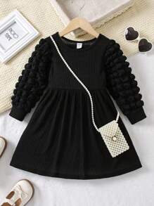 SHEIN 秋季少女泡泡袖黑色連身裙