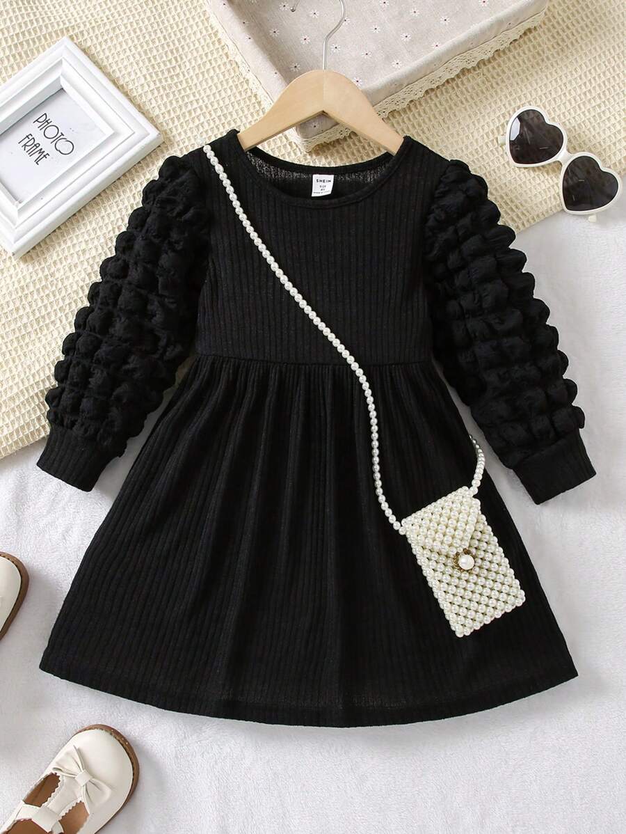 SHEIN 秋季少女泡泡袖黑色連身裙