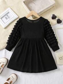 SHEIN 秋季少女泡泡袖黑色連身裙