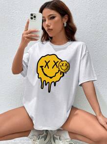 SHEIN EZwear Cartoon Graphic Drop Shoulder Tee - White - View 1