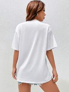 SHEIN EZwear Cartoon Graphic Drop Shoulder Tee - White - View 2