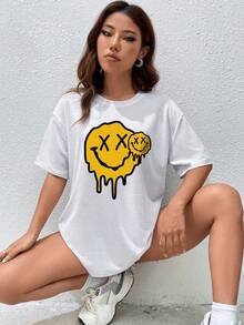 SHEIN EZwear Cartoon Graphic Drop Shoulder Tee - White - View 3