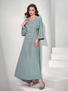 Al Najma 水鑽細節荷葉袖連衣裙 - 水鴨藍 - 查看 6