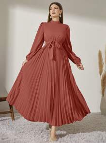 Modelyn Mock Neck Long Lantern Sleeve Pleated Hem Belted Modest Dress - Watermelon Pink - View 1