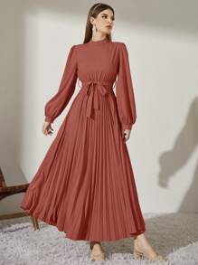 Modelyn Mock Neck Long Lantern Sleeve Pleated Hem Belted Modest Dress - Watermelon Pink - View 3
