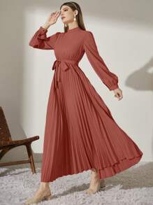 Modelyn Mock Neck Long Lantern Sleeve Pleated Hem Belted Modest Dress - Watermelon Pink - View 4