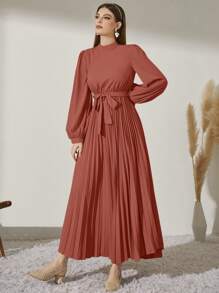 Modelyn Mock Neck Long Lantern Sleeve Pleated Hem Belted Modest Dress - Watermelon Pink - View 6