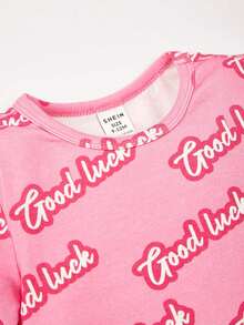 SHEIN 女嬰字母圖案荷葉邊連衣裙 - 粉色 - 查看 5