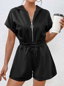 SHEIN Frenchy 蝙蝠袖腰部抽繩連帽連身短褲 - 黑色 - 查看 4