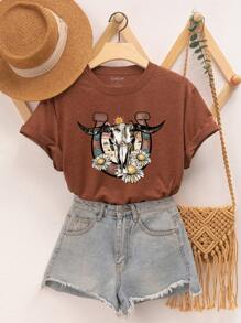 INAWLY Floral And Sun Print Tee Graphic Tees Women Tops - Rust Brown - View 1