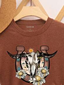INAWLY Floral And Sun Print Tee Graphic Tees Women Tops - Rust Brown - View 5