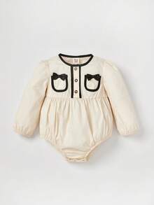 Cozy Pixies Baby Girl Contrast Binding Bow Front Bodysuit - Apricot - View 6