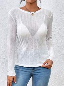 SHEIN Frenchy 素色木耳邊條紋針織上衣不附文胸 - 白色 - 查看 4