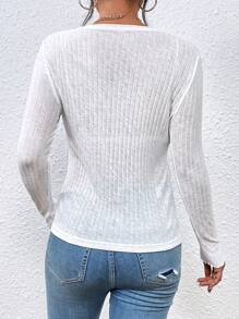 SHEIN Frenchy 素色木耳邊條紋針織上衣不附文胸 - 白色 - 查看 6