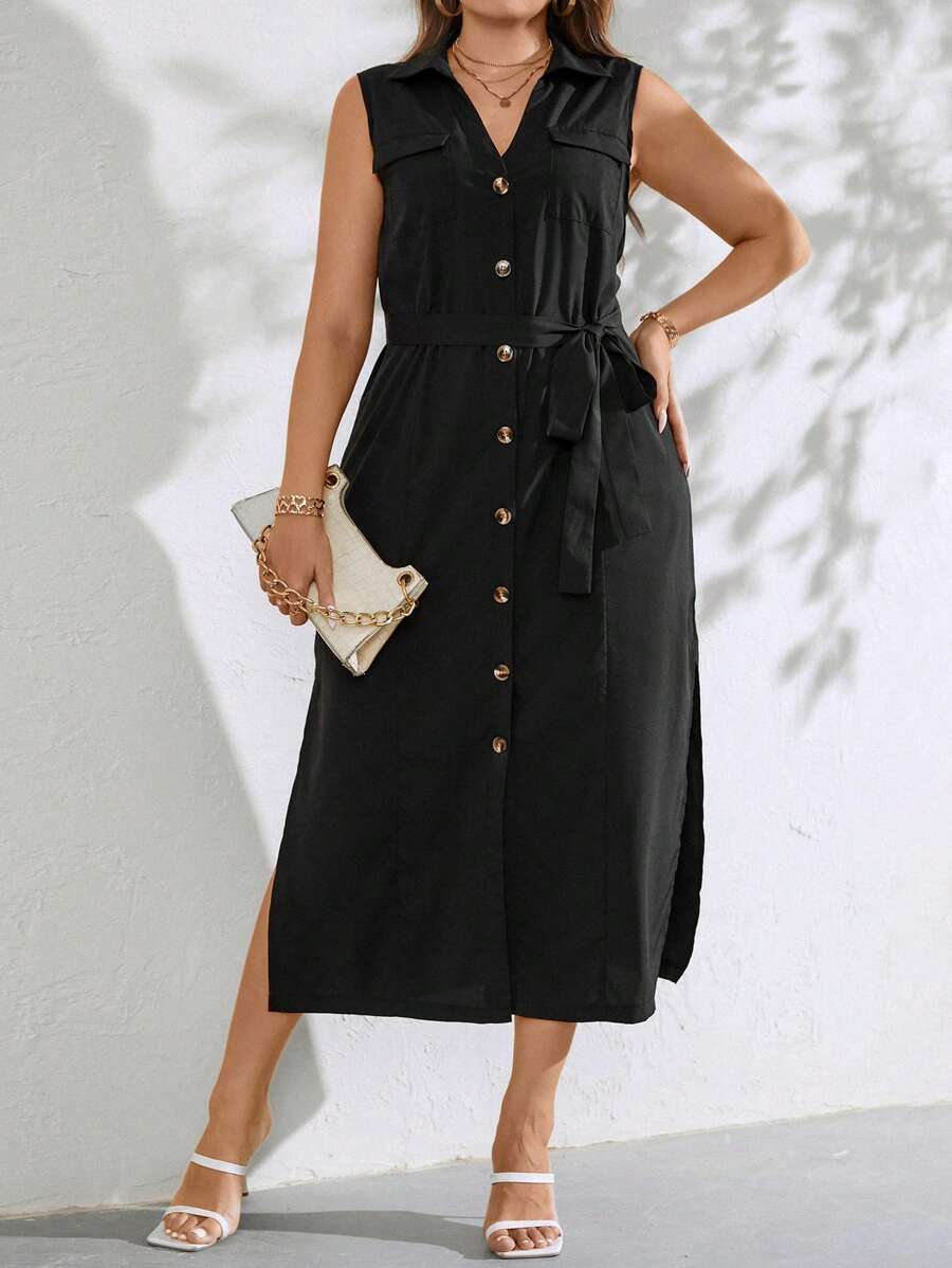 SHEIN Clasi 大碼前紐扣腰帶襯衫連衣裙 - 黑色 - 查看 1