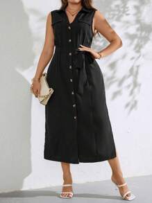 SHEIN Clasi 大碼前紐扣腰帶襯衫連衣裙 - 黑色 - 查看 4