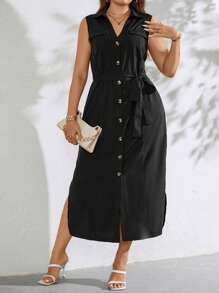 SHEIN Clasi 大碼前紐扣腰帶襯衫連衣裙 - 黑色 - 查看 6