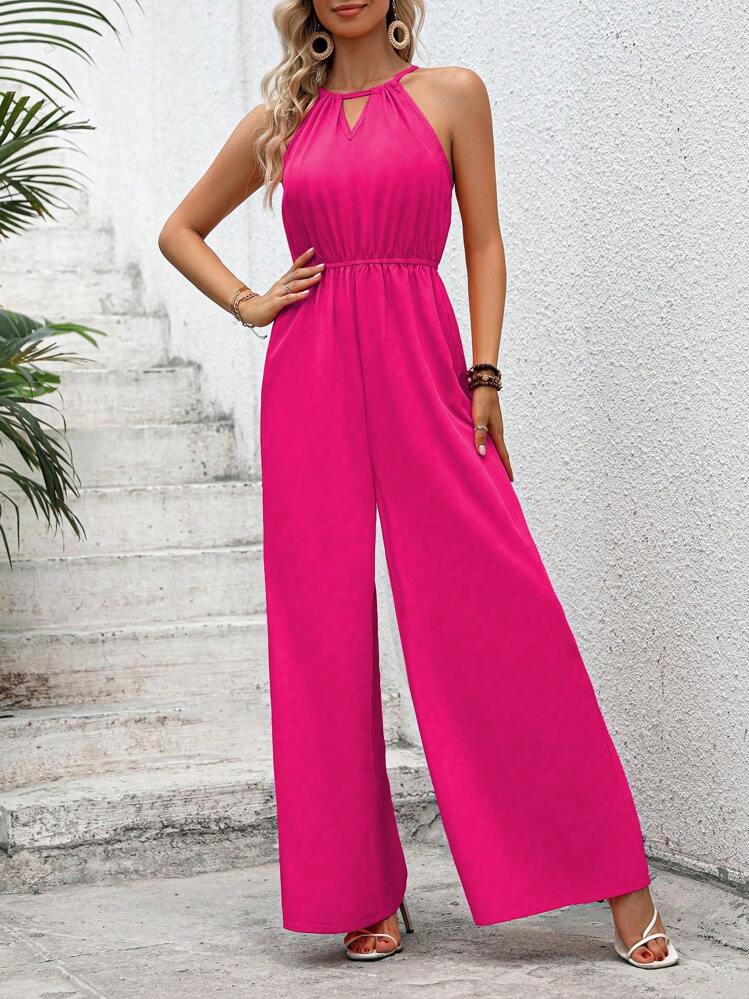 SHEIN VCAY חלק רגל רחבה אוברול קולר - ורוד חם - ראה 3