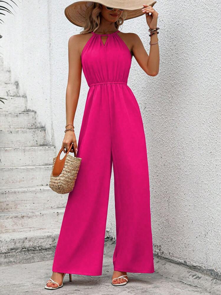 SHEIN VCAY חלק רגל רחבה אוברול קולר - ורוד חם - ראה 5