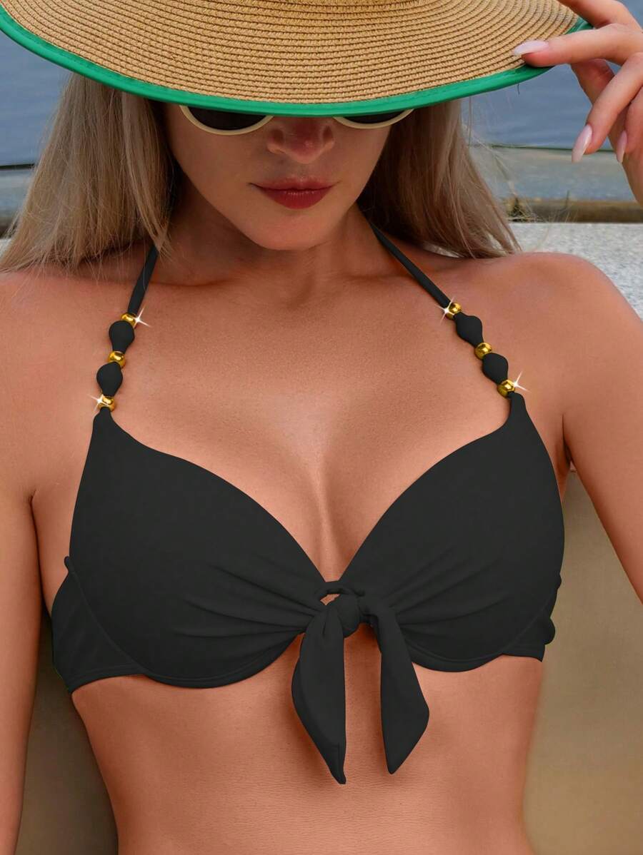 前结式聚拢吊带比基尼上衣，适合夏季海滩度假 - 黑色 - 查看 1