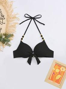 前结式聚拢吊带比基尼上衣，适合夏季海滩度假 - 黑色 - 查看 5