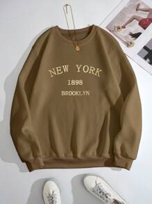 SHEIN Essnce 字母刺繡加絨內裏運動衫 - 摩卡棕 - 查看 1