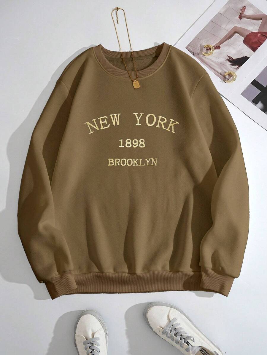 SHEIN Essnce 字母刺繡加絨內裏運動衫 - 摩卡棕 - 查看 1