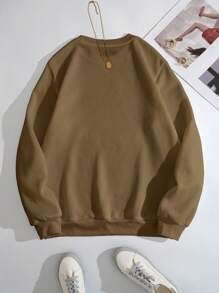 SHEIN Essnce 字母刺繡加絨內裏運動衫 - 摩卡棕 - 查看 2