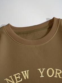 SHEIN Essnce 字母刺繡加絨內裏運動衫 - 摩卡棕 - 查看 4