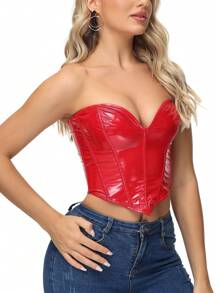 Solid Lace Up Back Hanky Hem PU Corset - Red - View 3