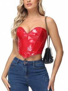 Solid Lace Up Back Hanky Hem PU Corset - Red - View 1