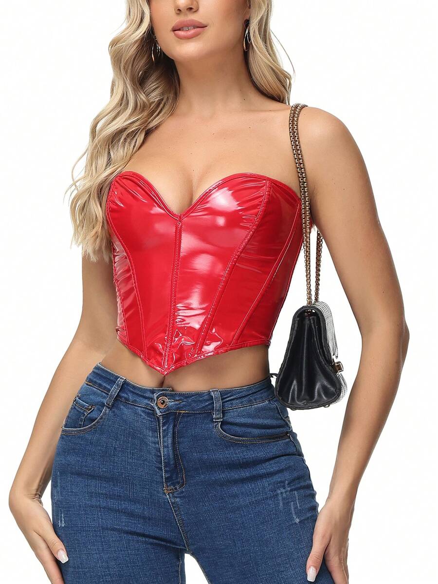 Solid Lace Up Back Hanky Hem PU Corset - Red - View 1