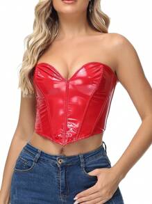 Solid Lace Up Back Hanky Hem PU Corset - Red - View 5