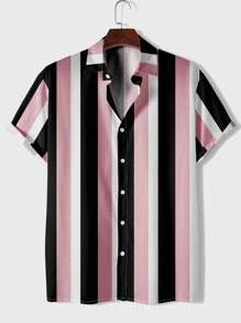 Hombres Camisa con estampado de rayas - Rosa - Ver 1