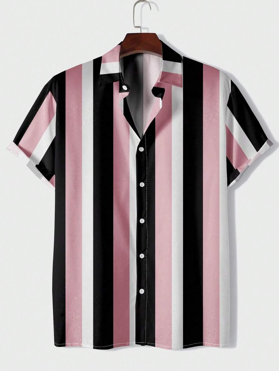 Hombres Camisa con estampado de rayas - Rosa - Ver 1