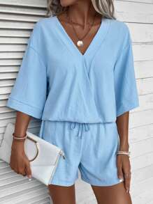 EMERY ROSE Shorts con blusa unicolor de hombros caídos - Celeste - Ver 4