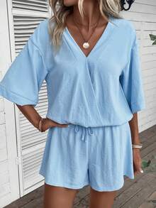 EMERY ROSE Shorts con blusa unicolor de hombros caídos - Celeste - Ver 3