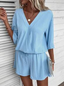 EMERY ROSE Shorts con blusa unicolor de hombros caídos - Celeste - Ver 5