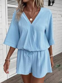 EMERY ROSE Shorts con blusa unicolor de hombros caídos - Celeste - Ver 6