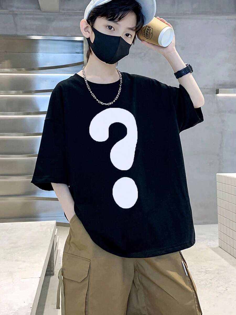 Áo phông cổ tròn in hình dấu chấm hỏi mát mẻ dành cho tuổi teen của Tween Boys dành cho mùa hè - màu đen - Xem 1