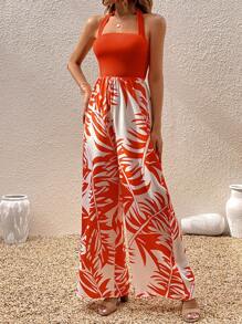 Breezaya 熱帶圖案後背繫帶繞頸闊腿連體褲 - 橘色 - 查看 5