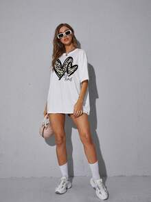 SHEIN Essnce Áo thun nữ In hoa Báo Tim Giải trí - trắng - Xem 5