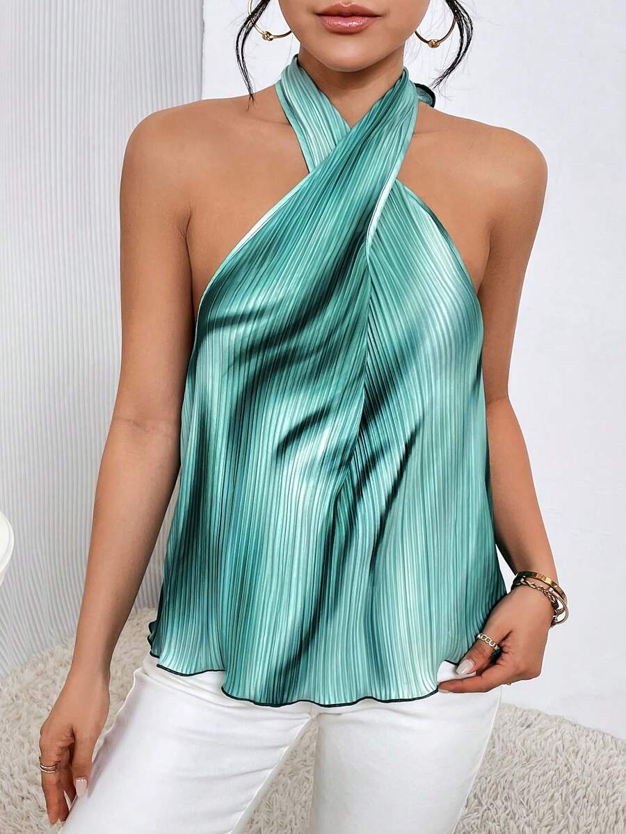 SHEIN Privé Tie Dye Criss Cross Halter Top - Green - View 1