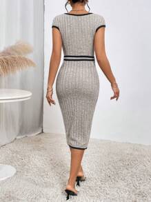 SHEIN Privé 撞色滾邊腰帶緊身洋裝 - 灰色 - 查看 2