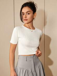 Áo dệt kim nữ Gân đan màu trơn Giải trí - trắng - Xem 8