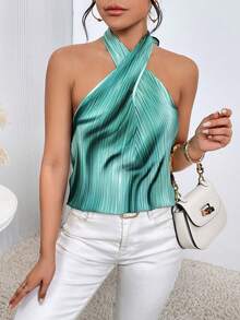 SHEIN Privé Tie Dye Criss Cross Halter Top - Green - View 5